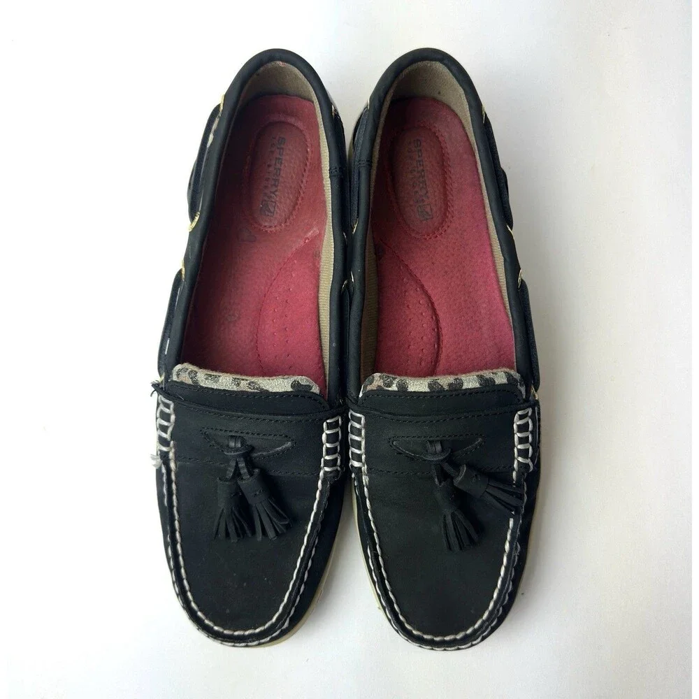 Sperry Top Sider Women Size 10M Black Boat Shoes, Animal Print Leather